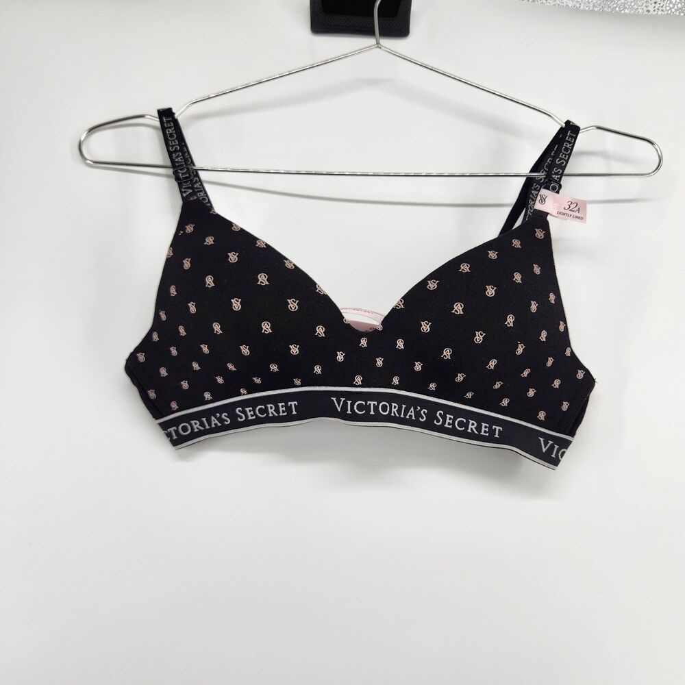 Victoria's Secret Black Logo Print 32A Lightly Lined Wireless Cotton Bra NWT